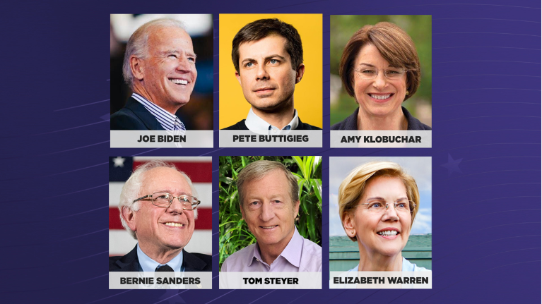 Photo of six Democratic presidential candidates (credit for photos: AP Images)